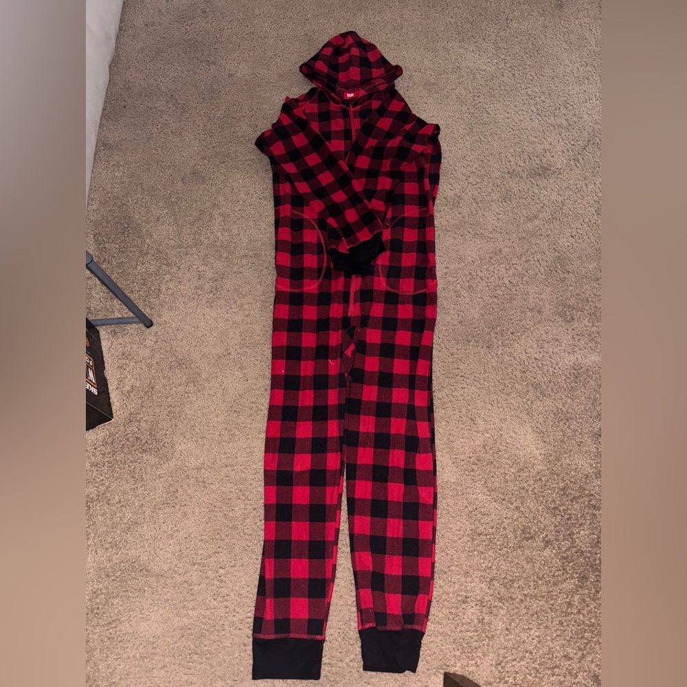 Macy's Red and Black Plaid Pajama Onesie. Size S